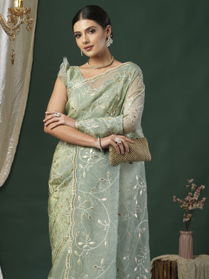 ANOUK Embroidered Bollywood Tissue Saree(Light Green)