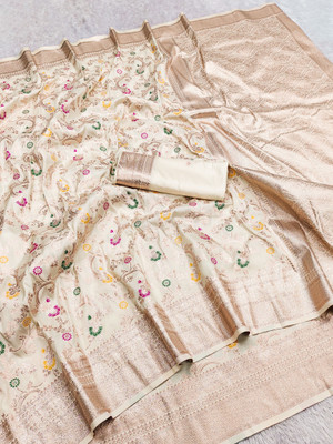 Spetila Woven Banarasi Jacquard, Pure Silk Saree(White)