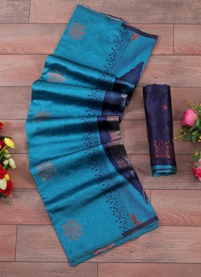 Divastri Floral Print Kanjivaram Pure Silk Saree(Light Blue)