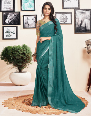 Samah Printed, Embellished, Striped Jamdani Cotton Blend Saree(Blue)
