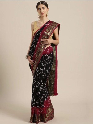 S M PATEL CO Printed Bandhani Art Silk Saree(Black, Red)