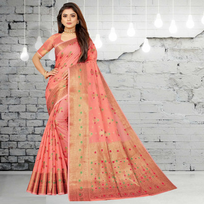 KREZVI Woven, Printed, Self Design, Floral Print Bollywood Cotton Silk, Jacquard Saree(Orange)