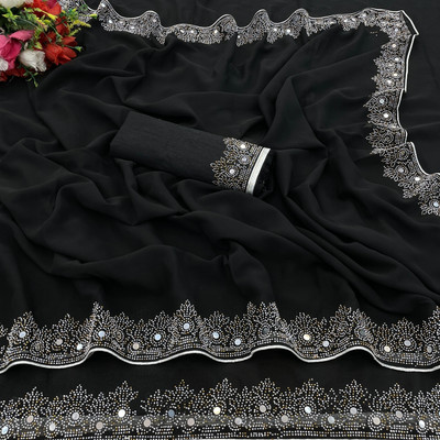 VEERAIVA Solid/Plain Bollywood Georgette Saree(Black)