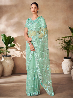 odette Embroidered Saree with Attached Blouse Net Saree(Green)
