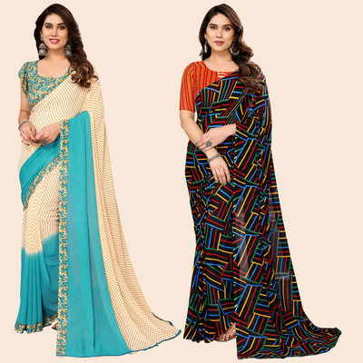 kashvi sarees Self Design, Printed Daily Wear Georgette Saree(Pack of 2, Beige, Light Blue, Multicolor)