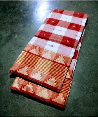 Anita Checkered, Woven Tant Pure Cotton Saree(White)