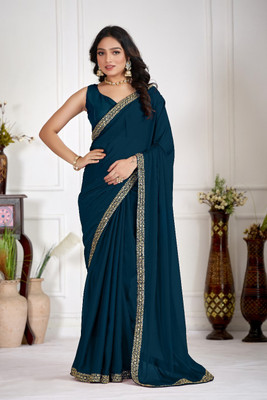 KHODALSARREFRB Solid/Plain, Embellished, Embroidered Bollywood Silk Blend Saree(Black)