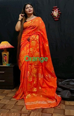 Parbati fashion Woven Jamdani Cotton Silk Saree(Orange)