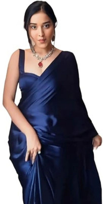 Shopaz Solid/Plain Pre Draped Saree Satin Saree(Dark Blue)