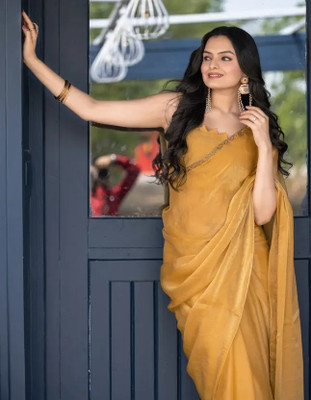 Online Bazaaar Embellished, Embroidered, Solid/Plain Bollywood Chiffon, Pure Silk Saree(Mustard)