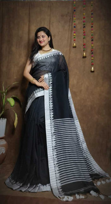 Anidipta collection Self Design Handloom Cotton Blend Saree(Black)