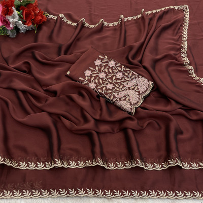 K 5 FASHION Embroidered, Solid/Plain Bollywood Chiffon Saree(Maroon)