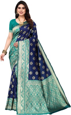 Siddhi Vinayak Knitts Woven Kanjivaram Jacquard, Silk Blend Saree(Dark Blue)