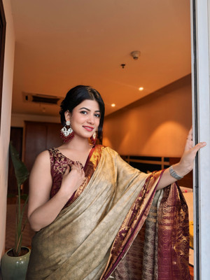 valida Woven Handloom Cotton Silk, Silk Blend Saree(Beige)
