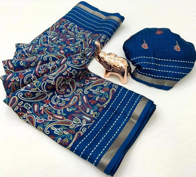 Stylezone Printed Kalamkari Muslin Saree(Light Blue)