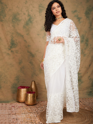 manvaa Embroidered Bollywood Net Saree(Cream)