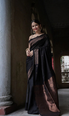 HouseOfCommon Woven Banarasi Linen, Cotton Silk Saree(Black)