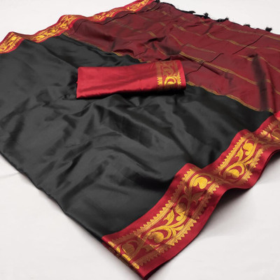 KSNDVTrendz Solid/Plain Bollywood Cotton Silk Saree(Black)