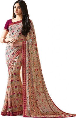 RAJESHWAR FASHION Printed Bollywood Georgette Saree(Cream, Multicolor)