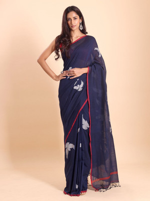 Blouson Woven Jamdani Pure Cotton Saree(Dark Blue)