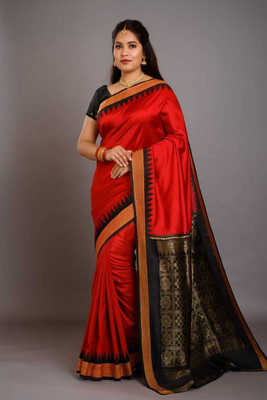 Sijileen Temple Border, Solid/Plain Sambalpuri Silk Blend Saree(Red)