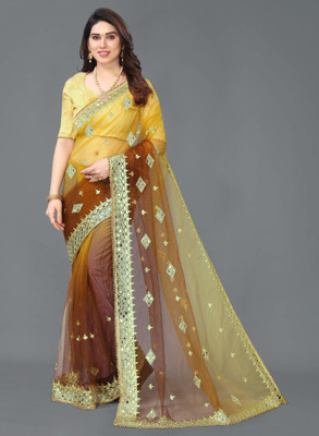 PRETTYAGE Embroidered, Self Design Bollywood Net Saree(Maroon)