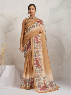 Rachna Printed Bollywood Cotton Blend Saree(Brown)