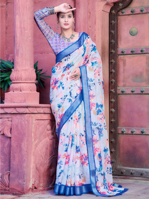 Anouk Rustic Digital Print Hand Batik Cotton Linen Saree(White)