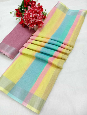 HouseOfCommon Printed Kanjivaram Linen, Cotton Linen Saree(Pack of 2, Multicolor)