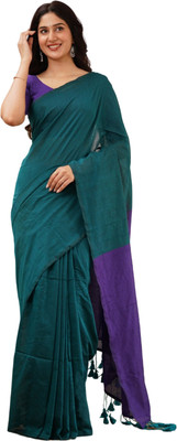 DHRITIS Solid/Plain Handloom Cotton Blend Saree(Light Green)