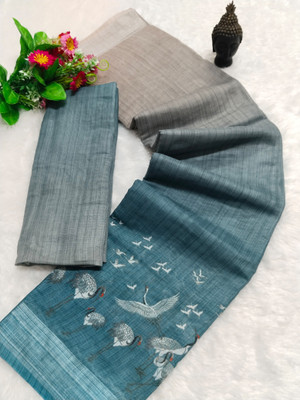 ASHTA Woven Kanjivaram Linen, Cotton Linen Saree(Grey, Blue)