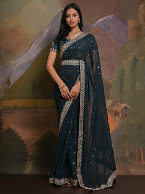 Sareemall Embellished Bollywood Georgette Saree(Dark Blue)