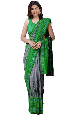 handloom paridhaan Temple Border, Hand Painted Handloom Pure Cotton Saree(Grey, Green)