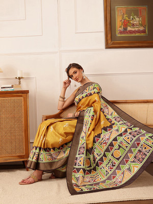 SILK ZONE Digital Print Banarasi Silk Blend Saree(Yellow)