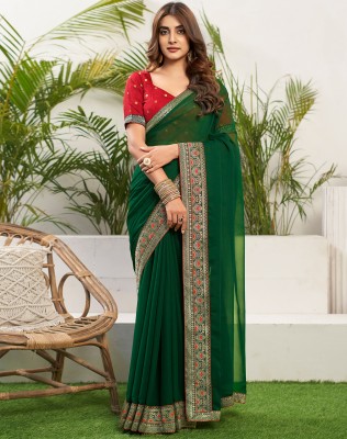 SIRIL Dyed, Embellished Bollywood Georgette Saree(Dark Green)