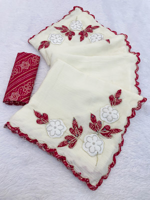 BELLETRENDZ Embroidered Bollywood Chiffon Saree(White, Red)