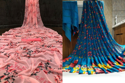 Sitanjali Floral Print Bollywood Georgette Saree(Pack of 2, Pink)