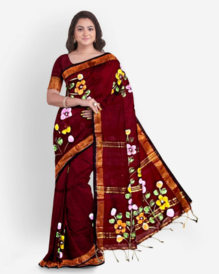 CommonHouseee Floral Print Handloom Cotton Blend Saree(Maroon)