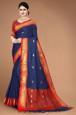 Fab Silk Embroidered Paithani Cotton Silk Saree(Dark Blue, Red)