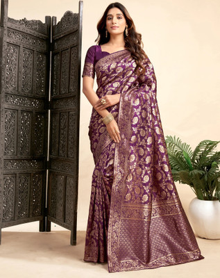 SATQ Woven, Floral Print, Geometric Print, Temple Border Kanjivaram Cotton Silk, Jacquard Saree(Purple)