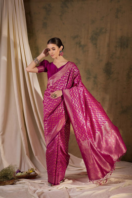 ShopGlobal Woven Banarasi Silk Blend Saree(Pink)