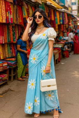 AMBALIKA Digital Print Bollywood Cotton Blend Saree(Light Blue)