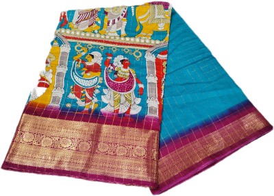 adityan design Printed Kalamkari Pure Silk Saree(Light Blue)