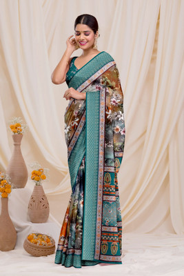 Dharmata Enterprise Digital Print Bollywood Cotton Silk Saree(Light Blue)