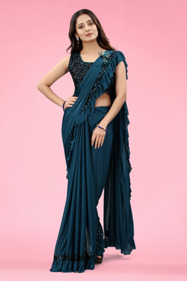 miracletex Embellished Bollywood Lycra Blend Saree(Blue)