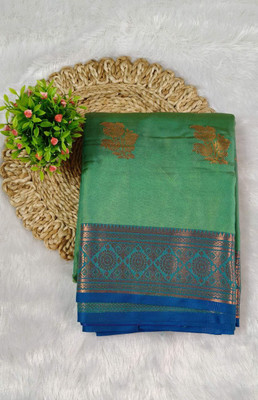 Vibha Woven Banarasi Silk Blend Saree(Green, Light Green, Blue)