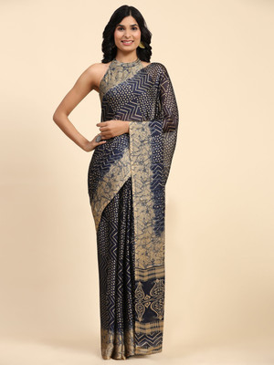 Rachna Geometric Print Bollywood Chiffon Saree(Dark Blue, Beige)