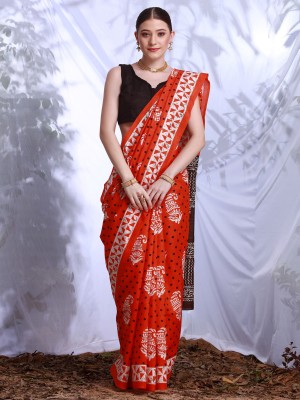 Sareemall Printed Daily Wear Silk Blend Saree(Orange)