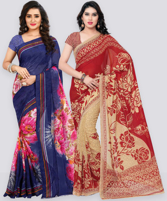 Anand Sarees Printed Daily Wear Georgette Saree(Pack of 2, Red, Blue)