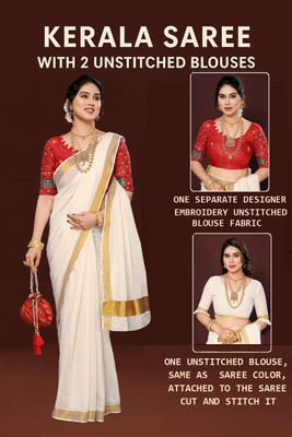 Gugaliya Embellished Kasavu Pure Cotton Saree(Multicolor)